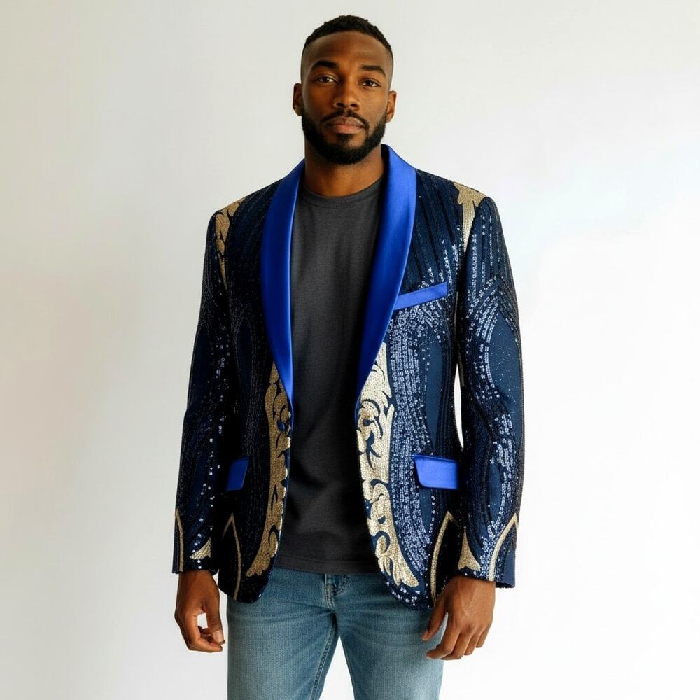 BARABAS Mens Sequin Blazer 38 S Navy Gold Slim Fit Tuxedo Jacket NWT
